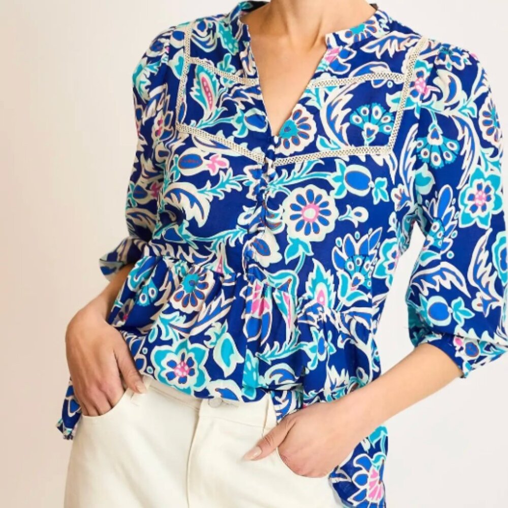 052.Boxy Cut Mixed Print Top with Mid Button, Split Neck & Trim Details